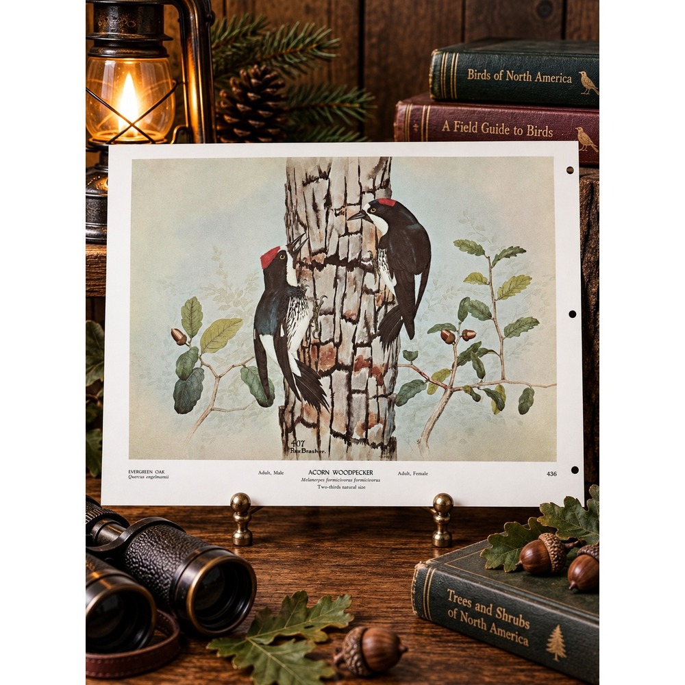1968 Rex Brasher Acorn Woodpecker Bird Vtg Original Book Plate Wall Art Decor